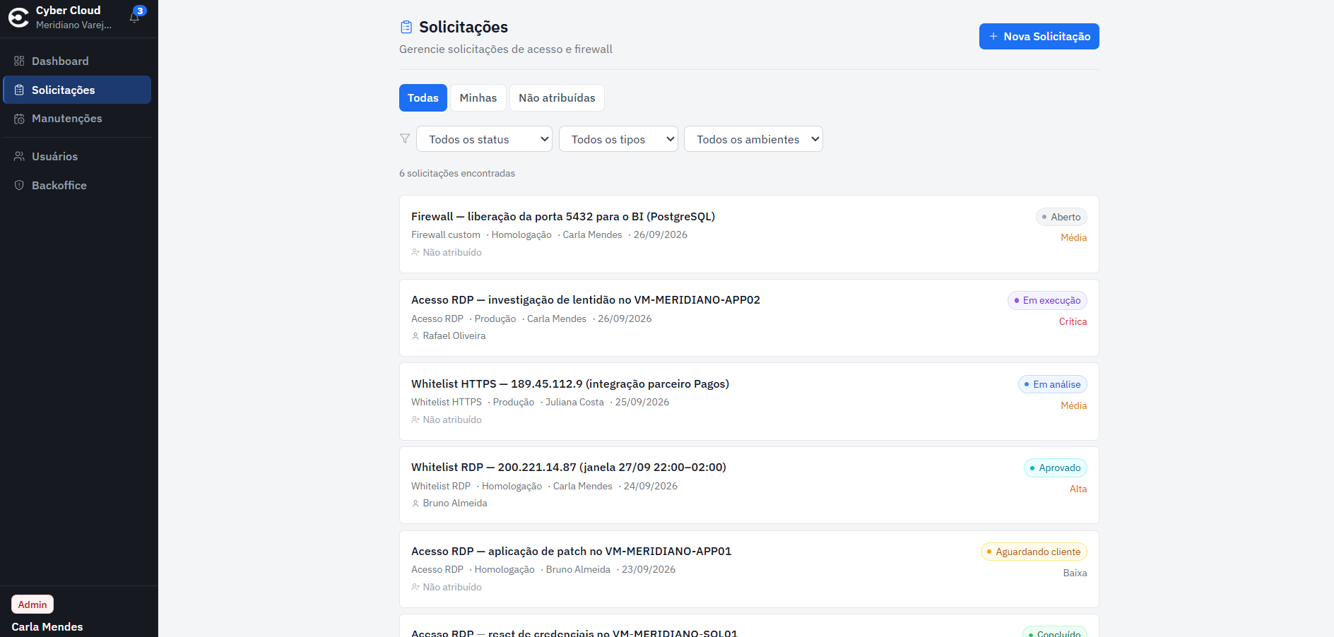 Cyber Portal: lista de solicitações de acesso e firewall