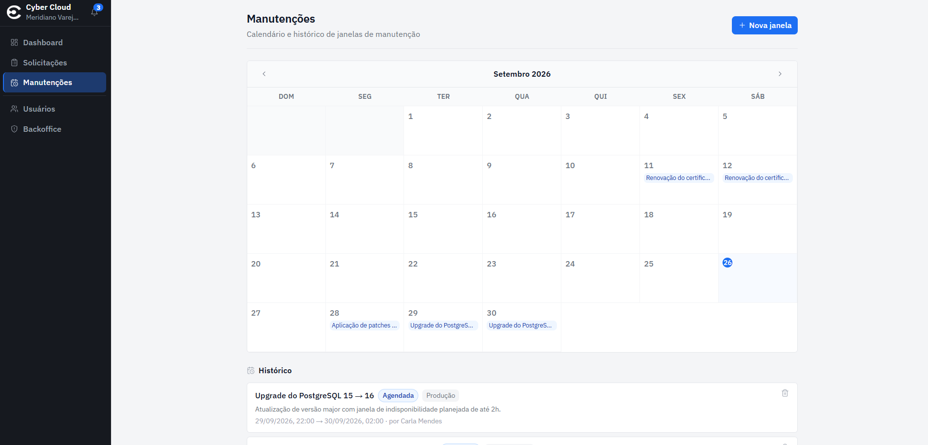 Cyber Portal: calendário de janelas de manutenção